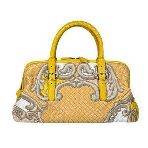 Bottega Veneta Leather Intrecciato Satchel Bag Beige Yellow Embroidered Luxury